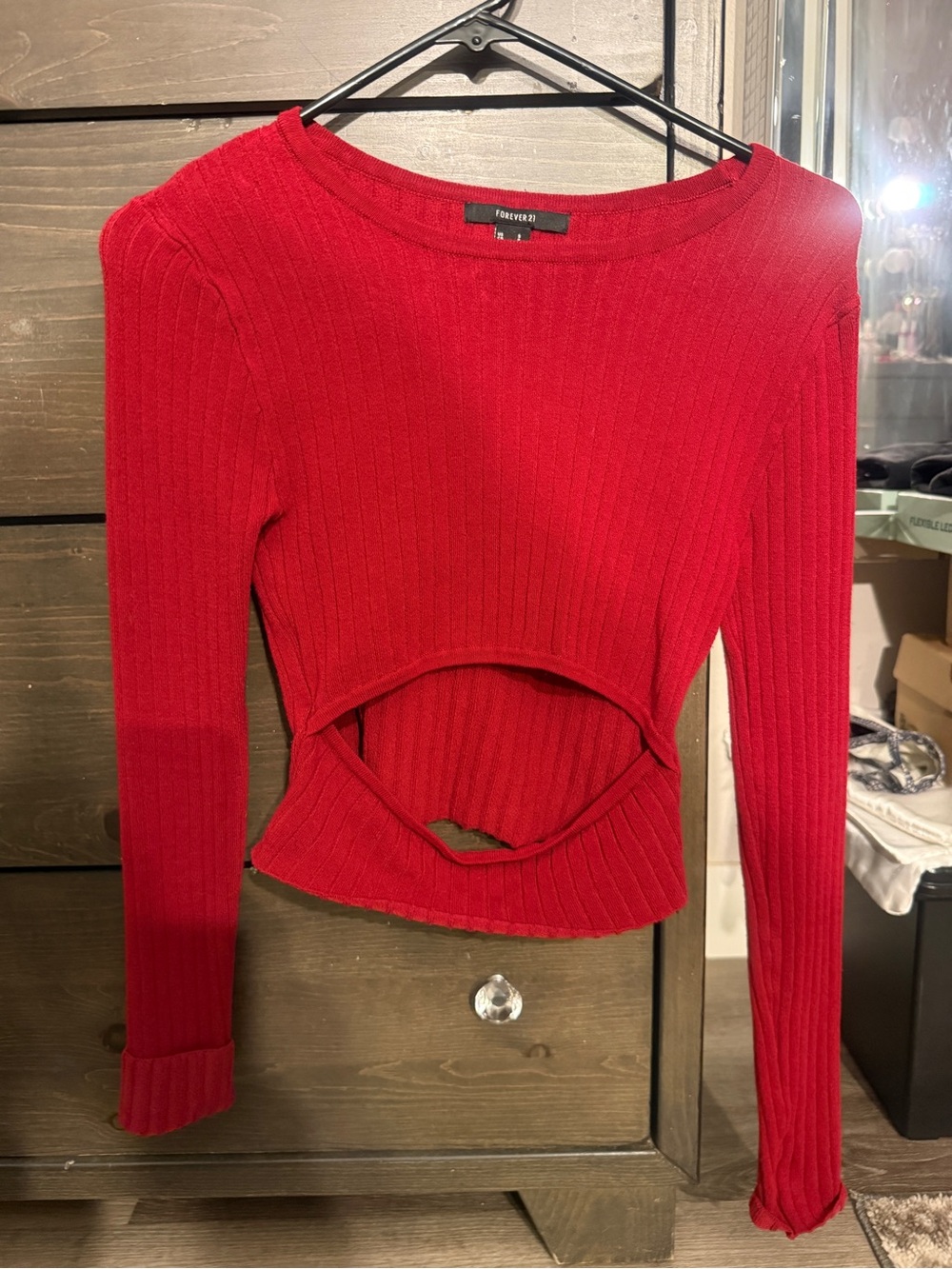 Forever 21 Red Ribbed Long-Sleeve Crop Top with Front Cutout